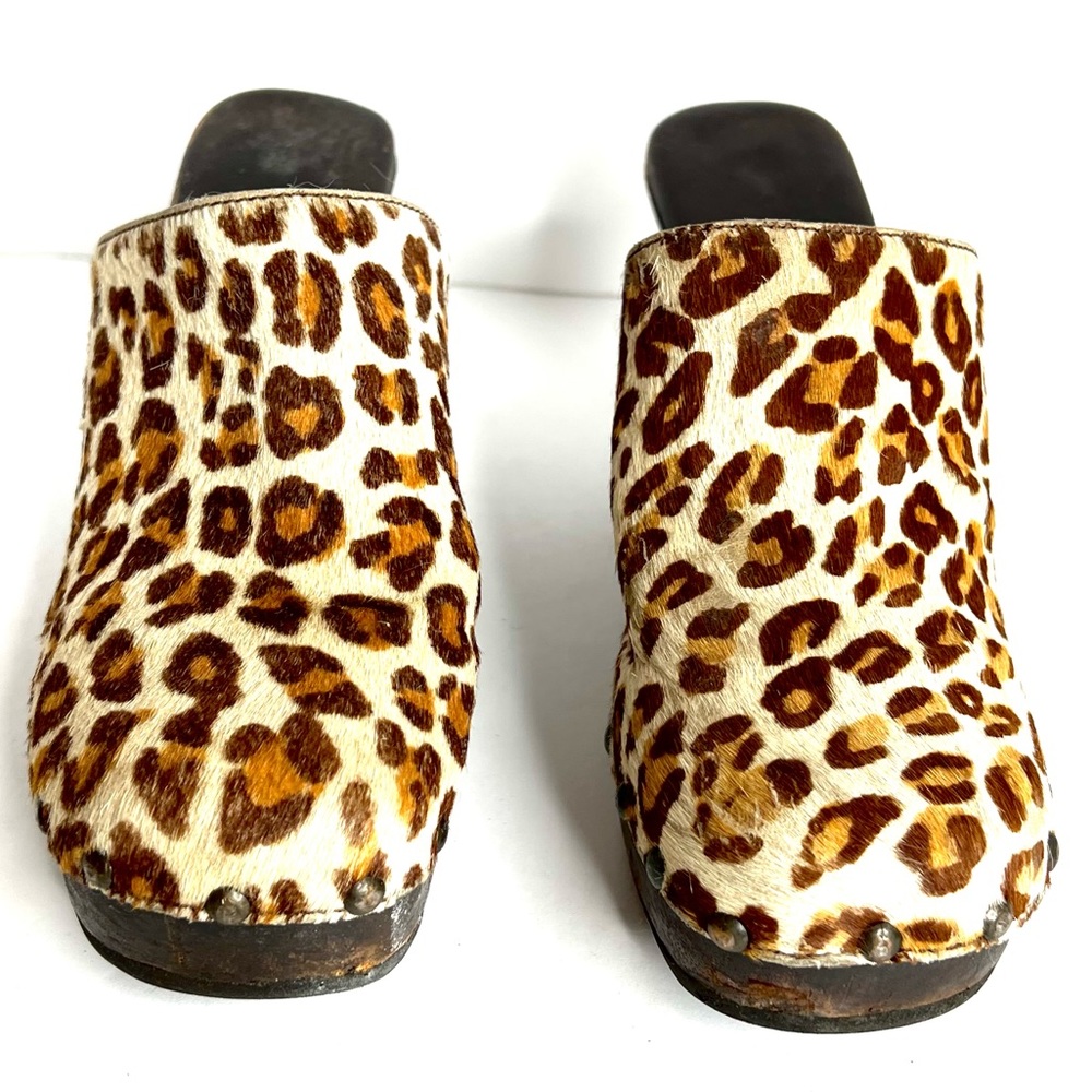 Vintage Clogs Genuine Leather Hair On Cheetah Leopard Print Wood Platform 8.5